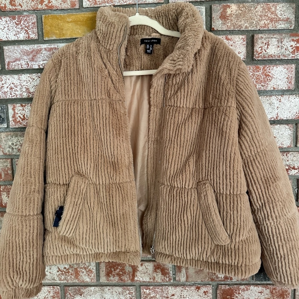 EUC Asos New Look Faux Fur Cord Puffer Jacket Camel